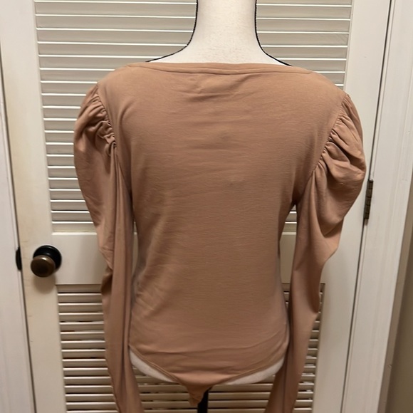 76. BCBGMAXAZRIA Ruched Puff Sleeve Bodysuit in Camel - Picture 9 of 14
